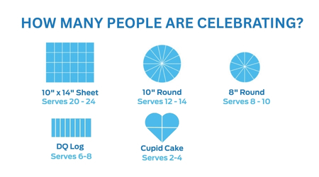 How many people are celebrating? Choose your cake size: 10" x 14" sheet cake serves 20-24 people. 10" round serves 12-14 people. 8" round cake serves 8-10 people. DQ log serve3s 6-8 people. Cupid cake serves 2-4 people.